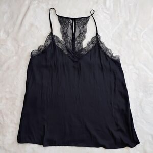 Mustard Seed Camisole Womens M Black Lace Trim Spaghetti Strap Silky S15493